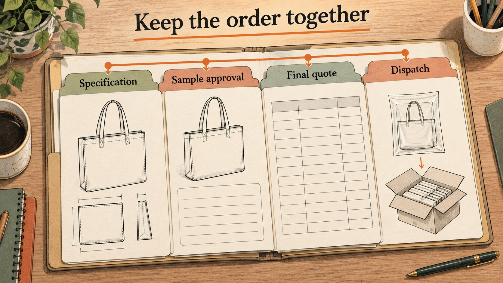 Illustrated order folder linking the specification, sample approval, final quote and dispatch records.