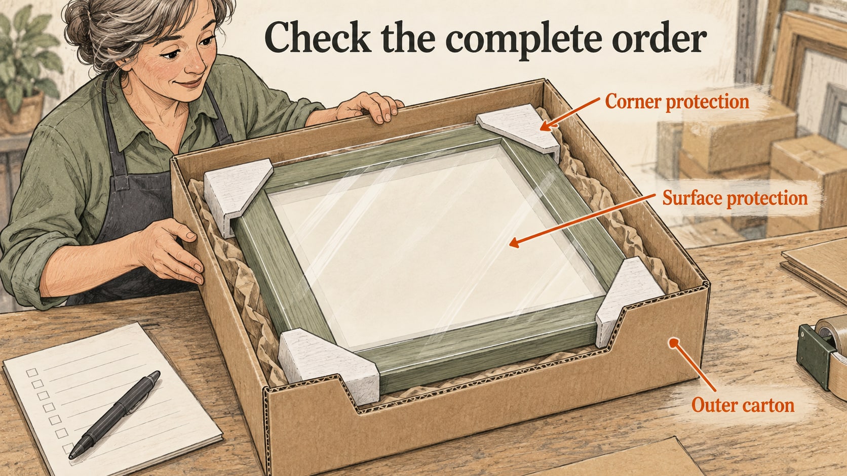 Illustrated packing check showing corner guards, surface protection and an outer carton around a picture frame.