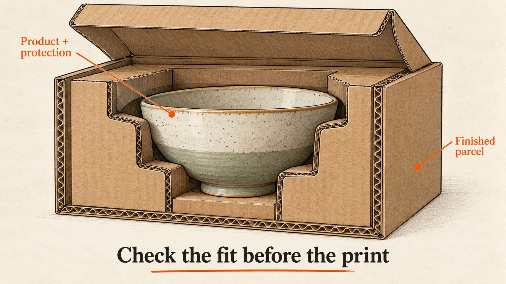 Cutaway illustration showing a ceramic bowl held inside a protective insert and outer shipping carton.