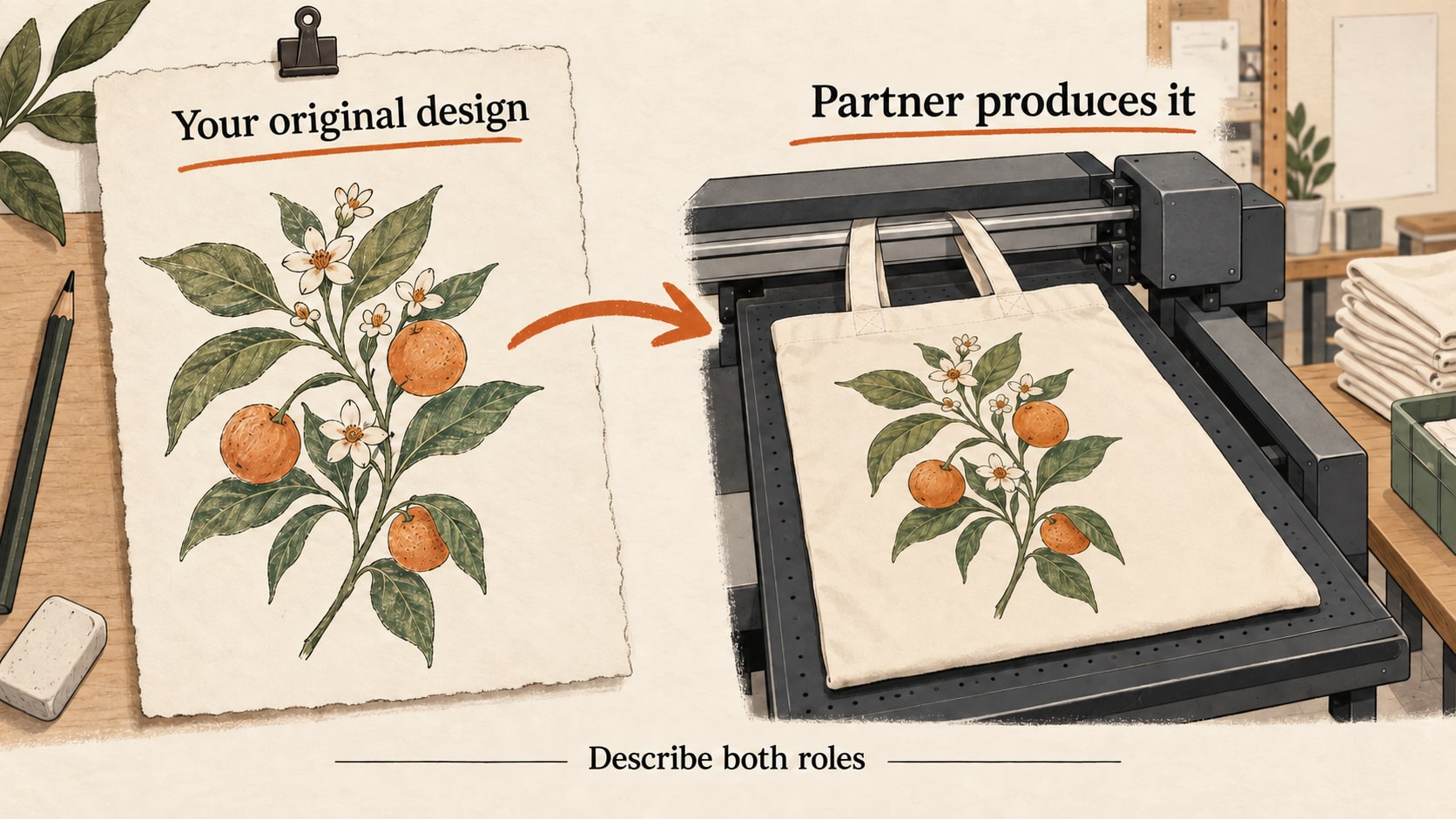 Illustration of original botanical artwork and the matching design printed onto a tote by a production partner.