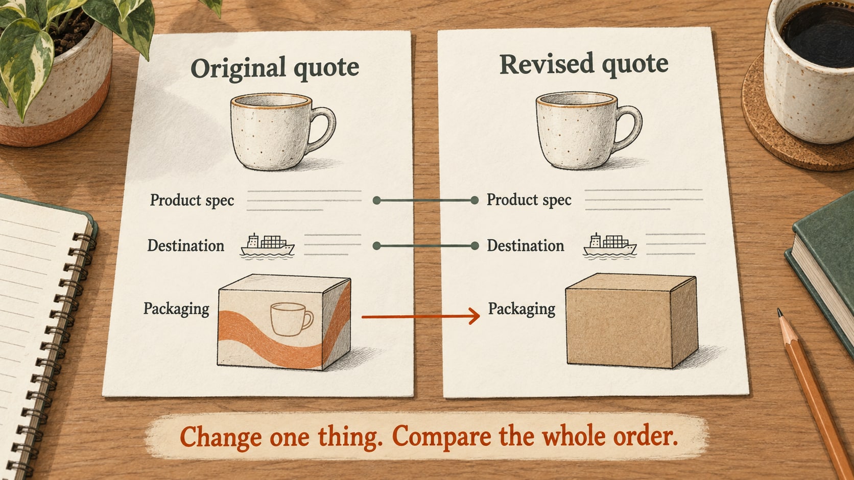 Illustration comparing two quotes with the same cup specification and destination, while packaging is changed as a separate option.