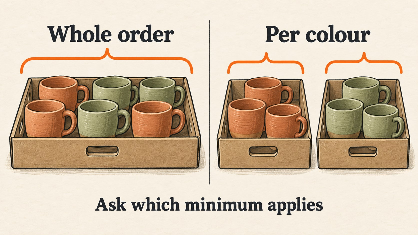 Illustrated comparison of mixed cups grouped under one whole-order minimum and cups separated under a minimum for each colour.