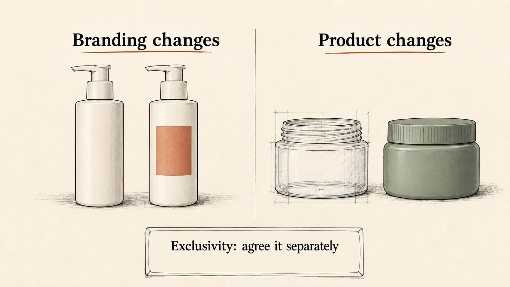 Illustration separating a branding change on the same bottle from a new product specification, with exclusivity agreed separately.