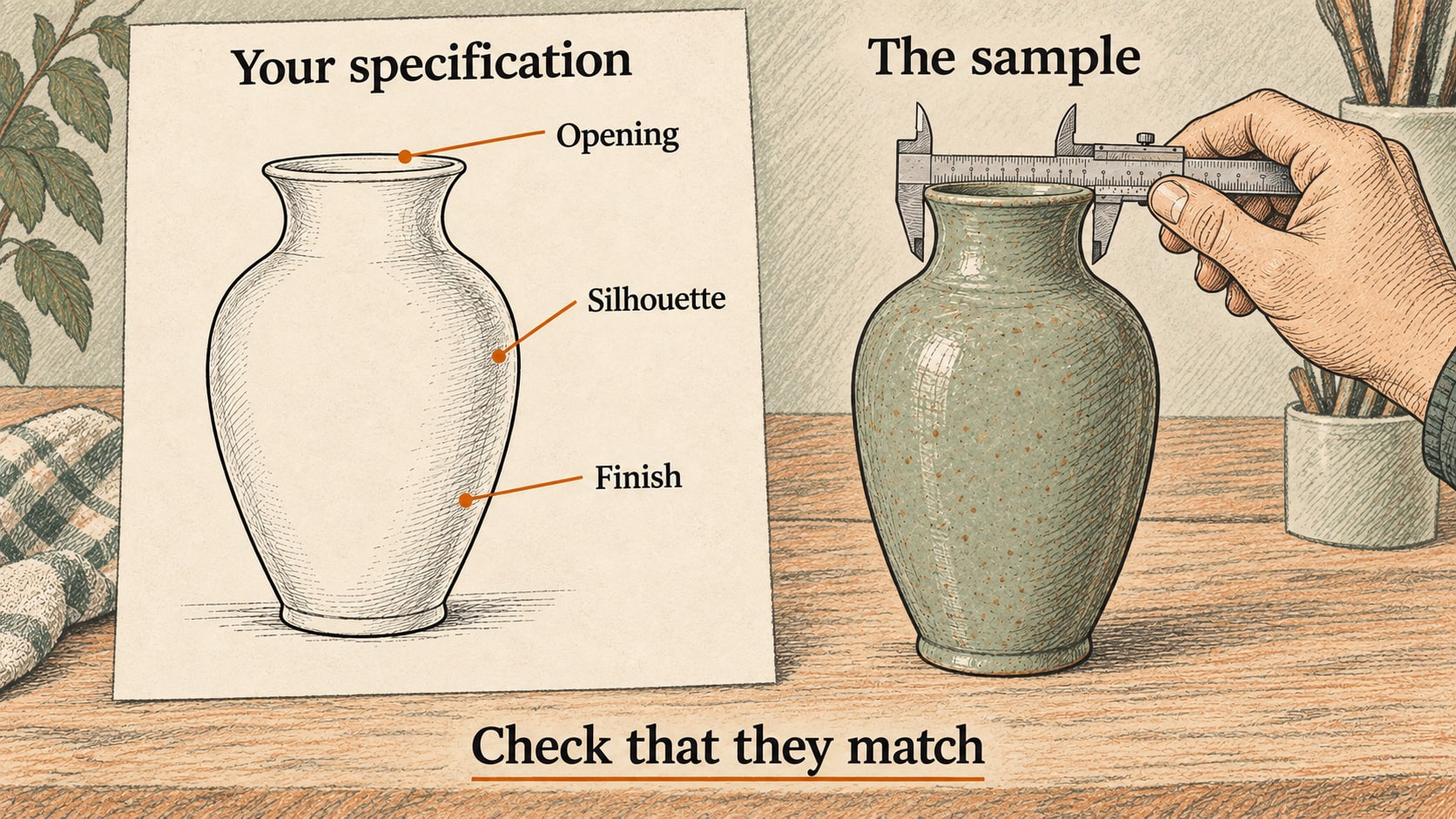 Illustration of a vase specification beside the matching physical sample being measured at the rim.