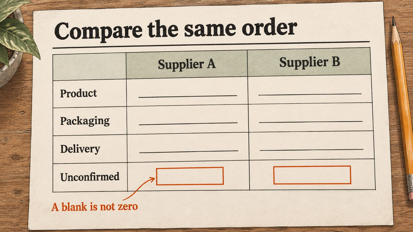 Illustrated blank worksheet comparing product, packaging, delivery and unconfirmed charges between two supplier quotes.