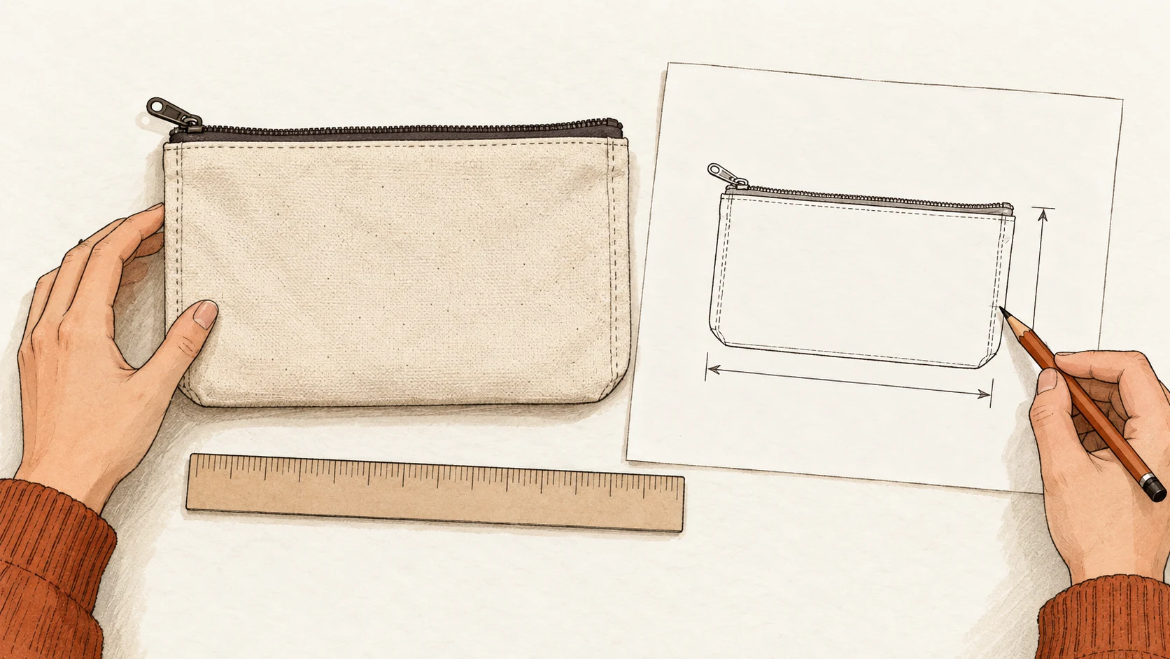 Editorial illustration of a canvas pouch sample being compared with its product drawing, with measuring arrows on the drawing and a ruler beside the pouch.