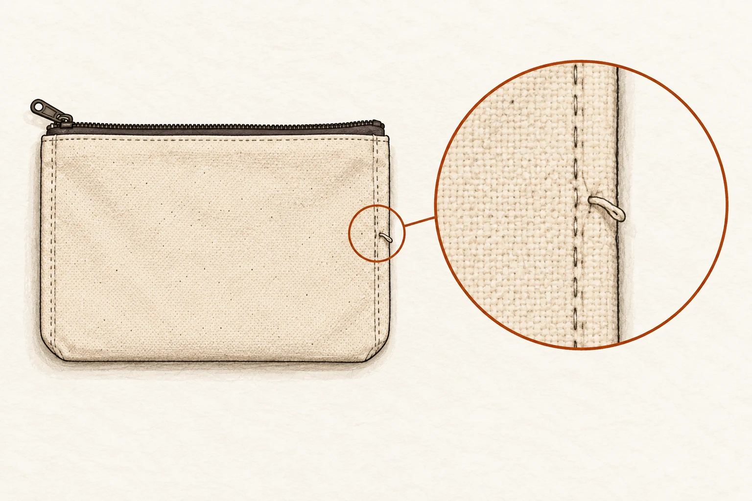 Illustration pairing a whole pouch view, with a seam area marked, and a close-up of the same seam. The views identify the location and show the detail.